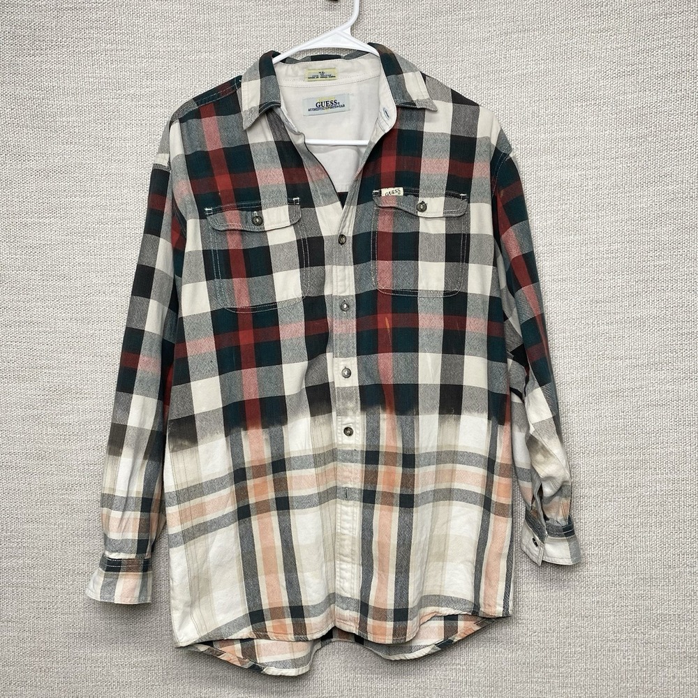 90s Guess Shirt XL (L) Mens L/S Button Down Plaid Bleached Grunge Rustic